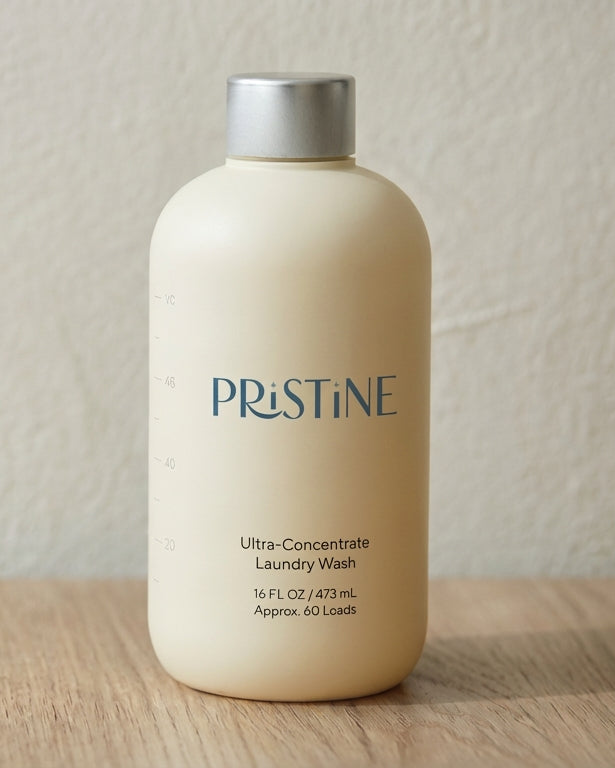 Pristine laundry wash bottle on a wooden surface with a neutral background